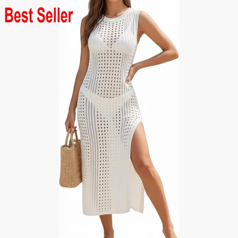 Crochet Hollow-Out Mesh Sheer Maxi Dress Bikini Cover Up